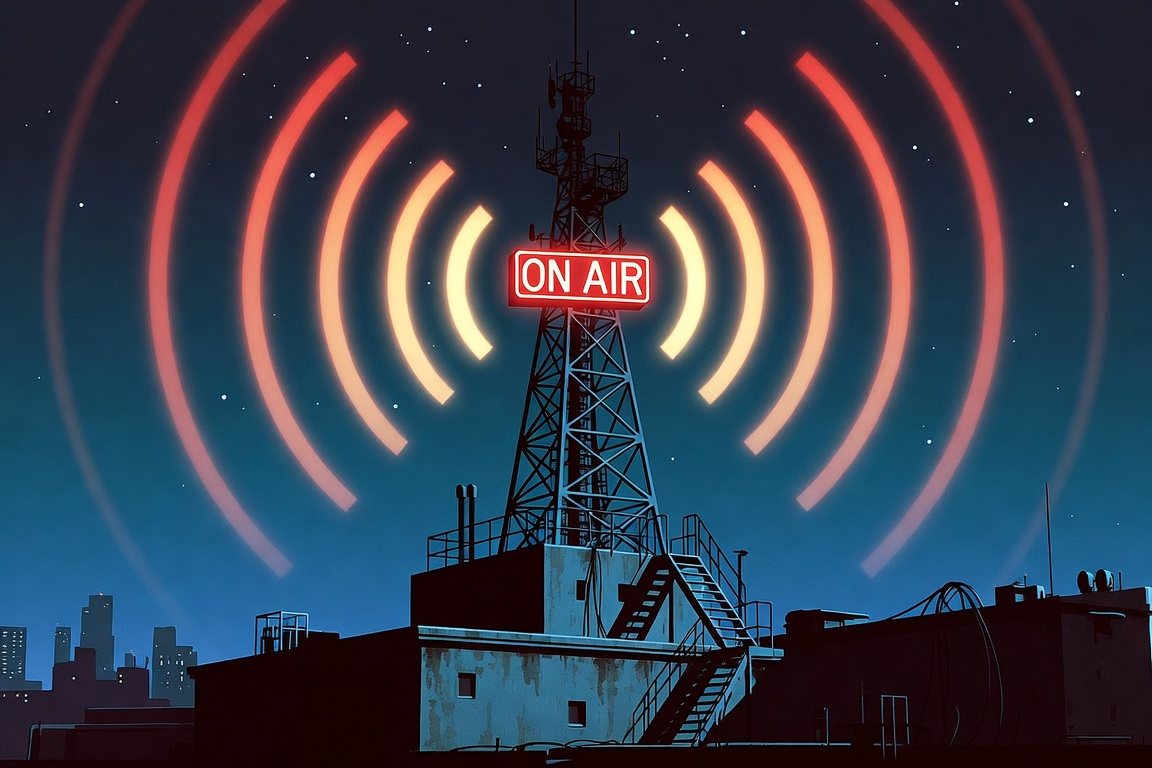 Retro-futuristic broadcast tower on a Tokyo rooftop at night, ON AIR neon glowing